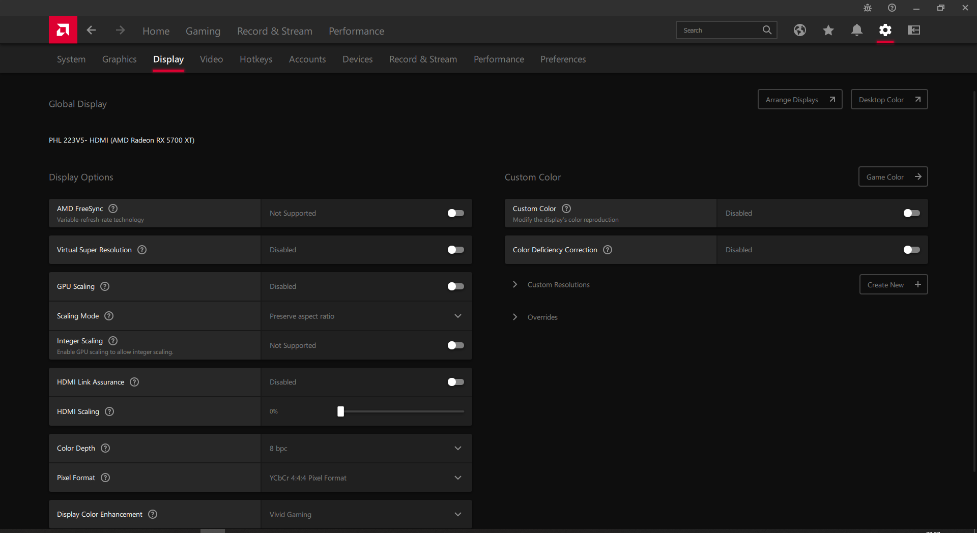 Radeon Settings window